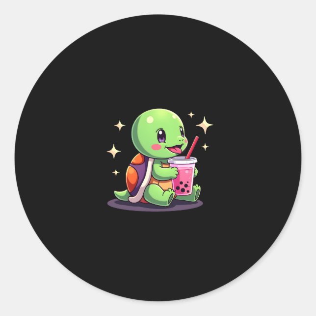 Sticker Rond Cute turtle drinking boba. Funny Boba Turtles Love (Devant)