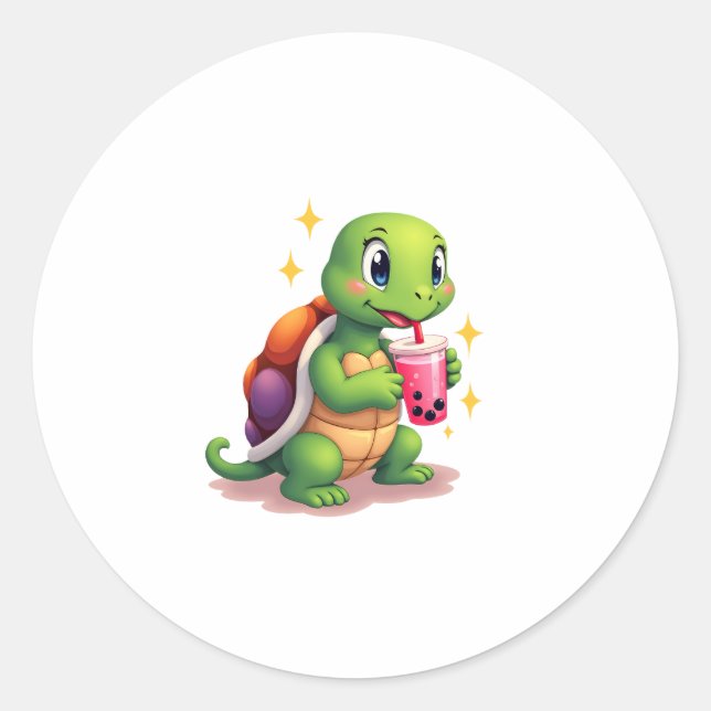 Sticker Rond Cute turtle drinking boba. Funny Boba Turtles Love (Devant)