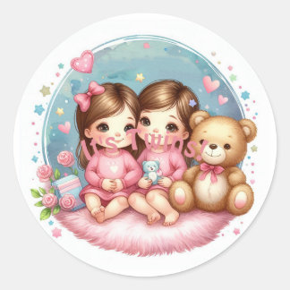 Sticker Rond Cute Twin Baby shower fille de l'aquarelle Teddy O