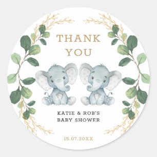 Sticker Rond Cute Twin Elephant Babies Verdure Gold Foliing