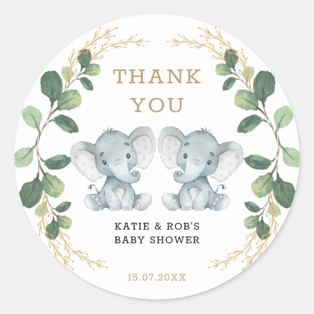 Sticker Rond Cute Twin Elephant Babies Verdure Gold Foliing (Devant)
