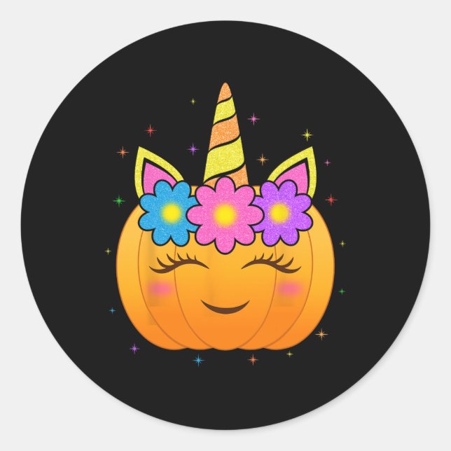 Sticker Rond Cute Unicorn Citrouille Girls Enfants Fun Hallowee (Devant)