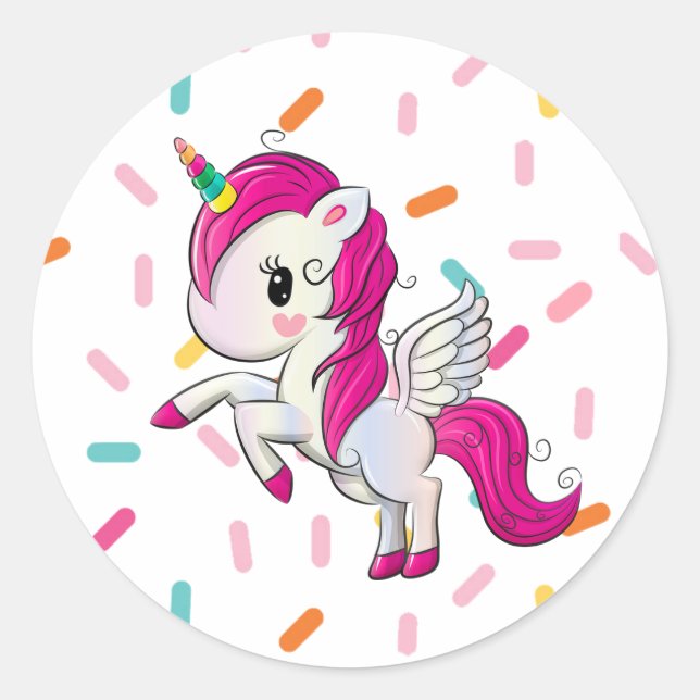 Sticker Rond Cute Unicorn et bonbons arrosées (Devant)