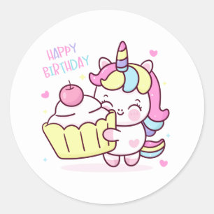 Sticker Rond Cute Unicorn Joyeux gâteau d'anniversaire