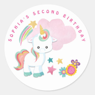 Sticker Rond Cute Unicorn Nom 2e fête d'anniversaire Blanc