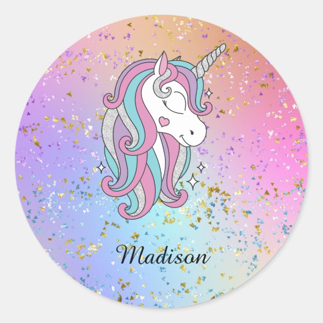 Sticker Rond Cute Unicorn Ombre Rainbow Parties scintillant Spa (Devant)