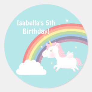 Sticker Rond Cute Unicorn Rainbow Girls Birthday Party