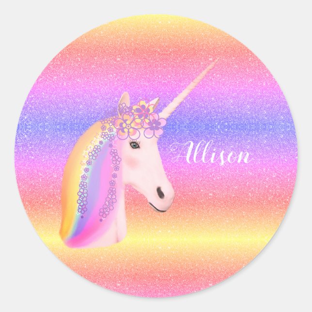 Sticker Rond Cute Unicorn Rainbow Parties scintillant étincelle (Devant)