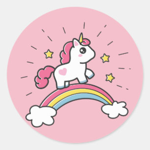 Sticker Rond Cute Unicorn Sur Arc En Arc En Arc En Ciel