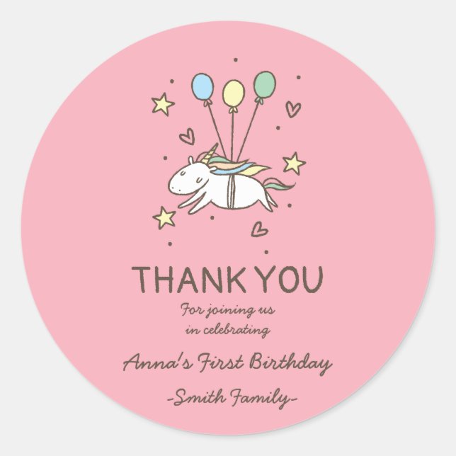 Sticker Rond Cute Unicorn sur Laurels. Anniversaire. Merci. (Devant)