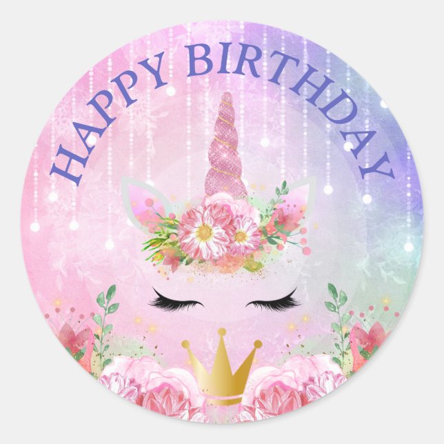 Sticker Rond Cute Unicorn Visage & Fleurs Roses Anniversaire (Devant)