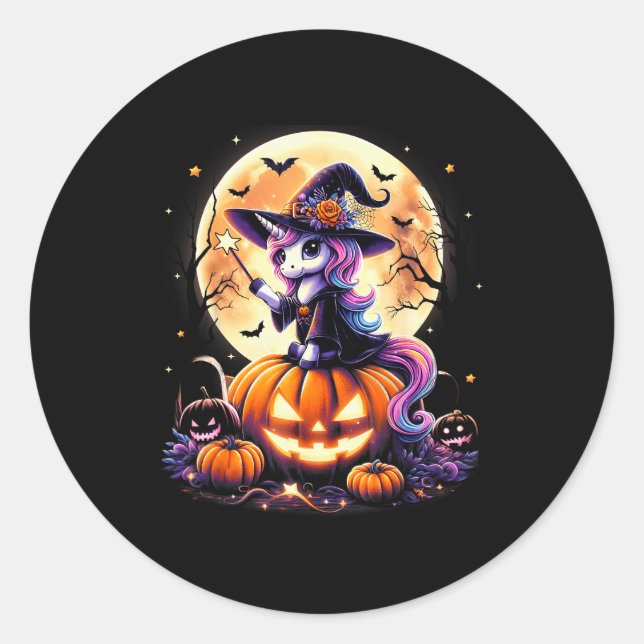 Sticker Rond Cute Unicorn Witch Pumpkin Halloween Shirts Girls  (Devant)