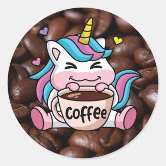 Sticker Rond Cute Unicorne avec café