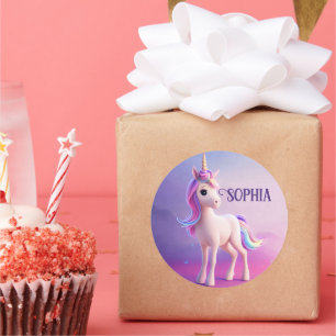 Sticker Rond Cute Unicorne Blanche Avec Rose & Bleu Mane