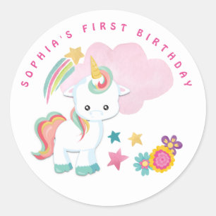 Sticker Rond Cute Unicorne Nom First Birthday Party White