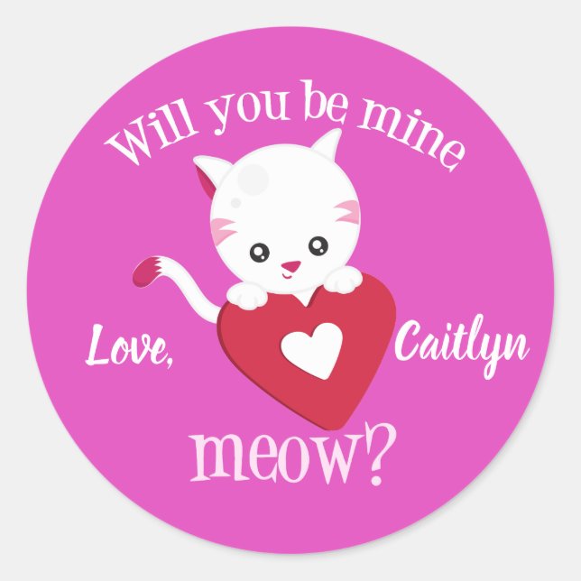 Sticker Rond Cute Valentine Kitty Chat rose (Devant)
