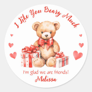 Sticker Rond Cute Valentine Teddy avec Red Hearts Classroom