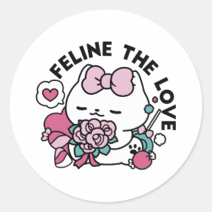 Sticker Rond Cute Valentine's Cat Design - Feline the Love
