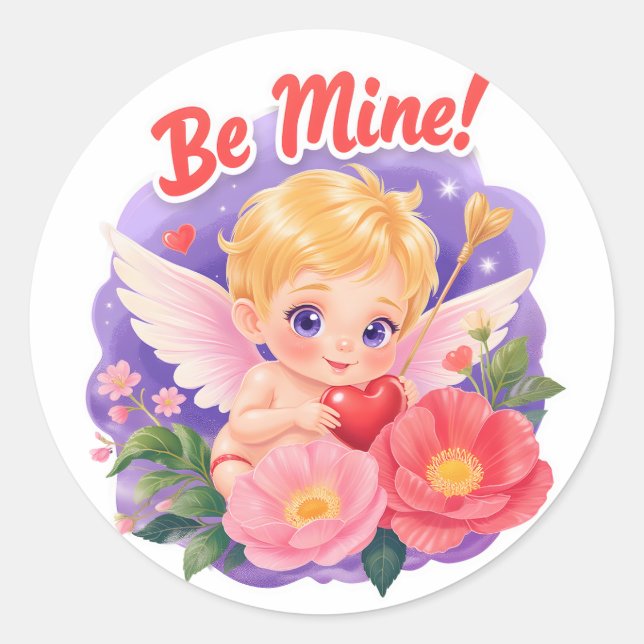 Sticker Rond Cute Valentine's Day Cupid with "Be Mine" (Devant)