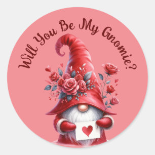 Sticker Rond Cute Valentines Gnome avec des cœurs et des roses 