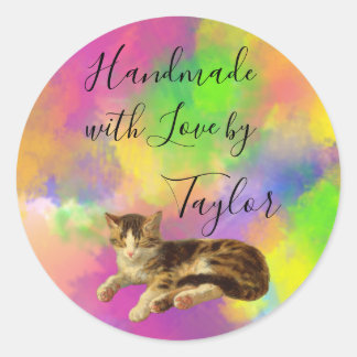 Sticker Rond Cute Vintage Kitty Cat Handmade with Love Rainbow