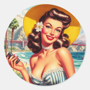Sticker Rond Cute vintage San Franciso Pin-up