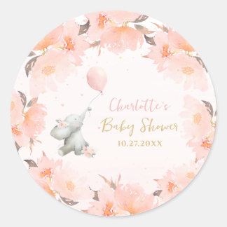Sticker Rond Cute Watercolor Elephant Floral Girl Baby Shower