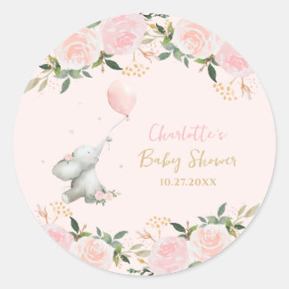 Sticker Rond Cute Watercolor Elephant Floral Girl Baby Shower