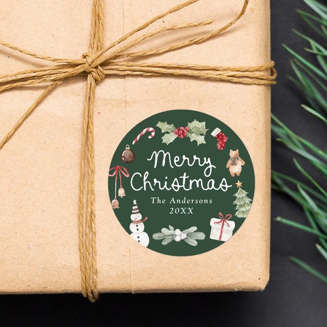 Sticker Rond Cute Watercolor Illustrations Green Christmas (Créateur téléchargé)