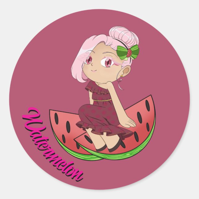 Sticker Rond Cute Watermelon Theme Chibi with Sliced Melons (Devant)