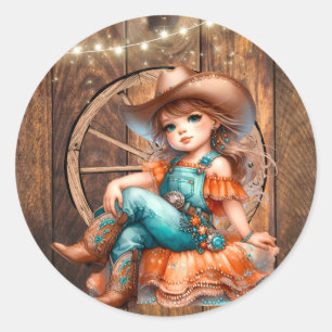 Sticker Rond Cute Western Cowgirl fête d'anniversaire