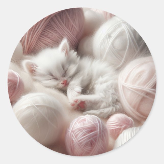 Sticker Rond Cute White Kitten Napping en Fil (Devant)