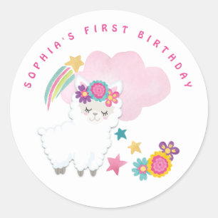 Sticker Rond Cute White Llama Nom Premier anniversaire fête Bla