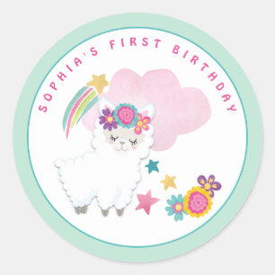 Sticker Rond Cute White Llama Nom Premier Anniversaire Parti Ve