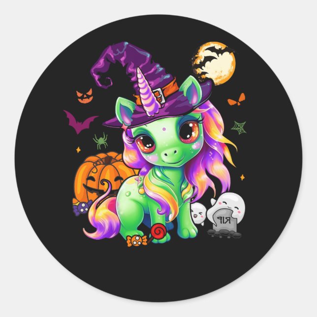 Sticker Rond Cute Witchy Unicorn Halloween Witch Zombie Citroui (Devant)