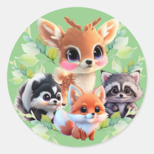 Sticker Rond Cute Woodland amis renard skunk raccoon cerf