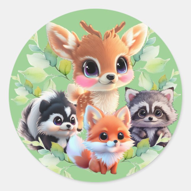 Sticker Rond Cute Woodland amis renard skunk raccoon cerf (Devant)