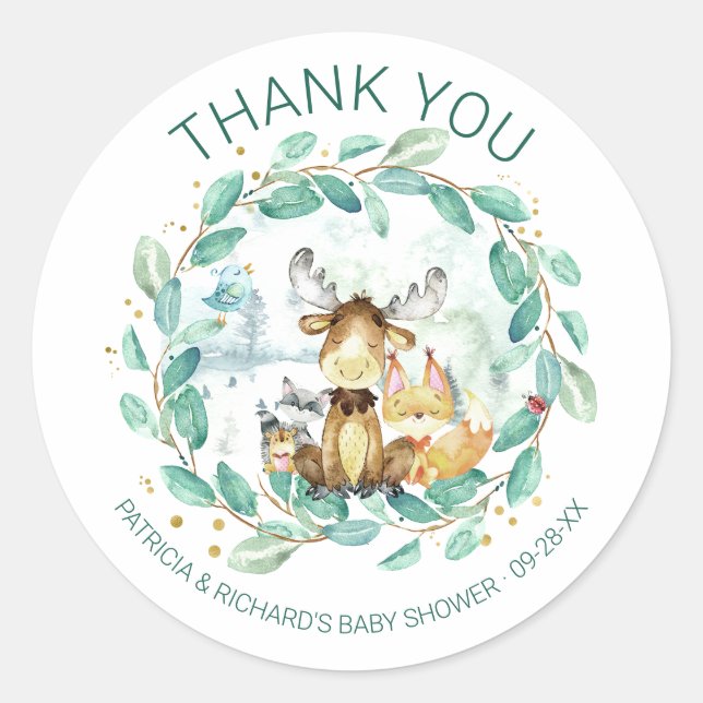 Sticker Rond Cute Woodland Animaux Baby shower verdoyant (Devant)