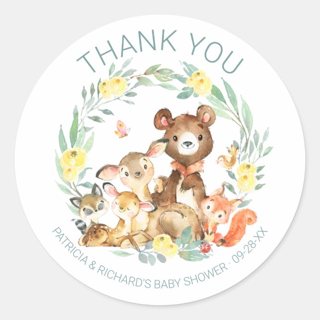 Sticker Rond Cute Woodland Animaux Baby shower verdoyant (Devant)