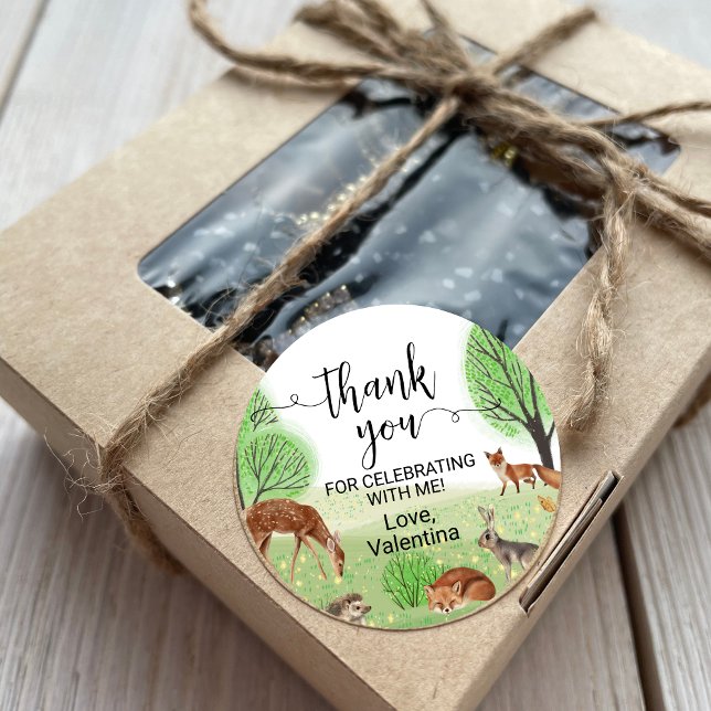 Sticker Rond Cute Woodland Animaux Fox Élégant Script Merci (Créateur téléchargé)