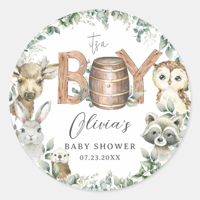 Sticker Rond Cute Woodland Animaux Végétation Boy Baby shower (Devant)