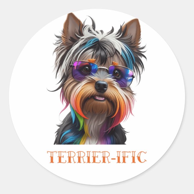 Sticker Rond Cute Yorkshire Terrier portant des lunettes de sol (Devant)