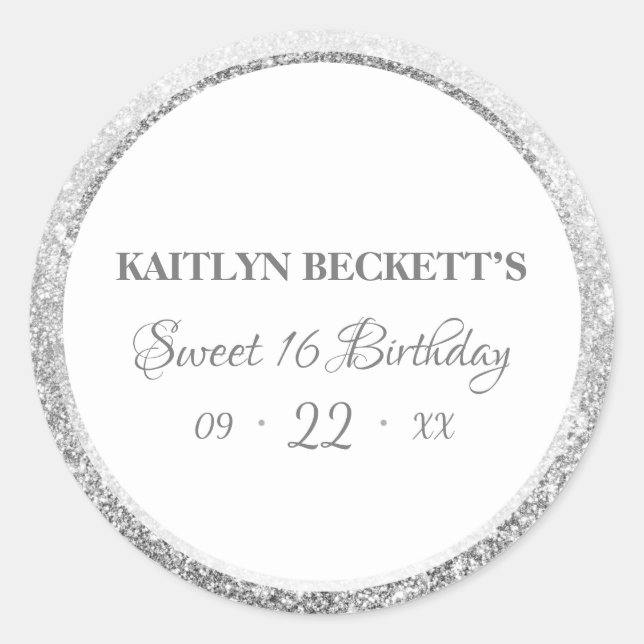 Sticker Rond Cuties Sweet 16 Parties scintillant Argent Élégant (Devant)