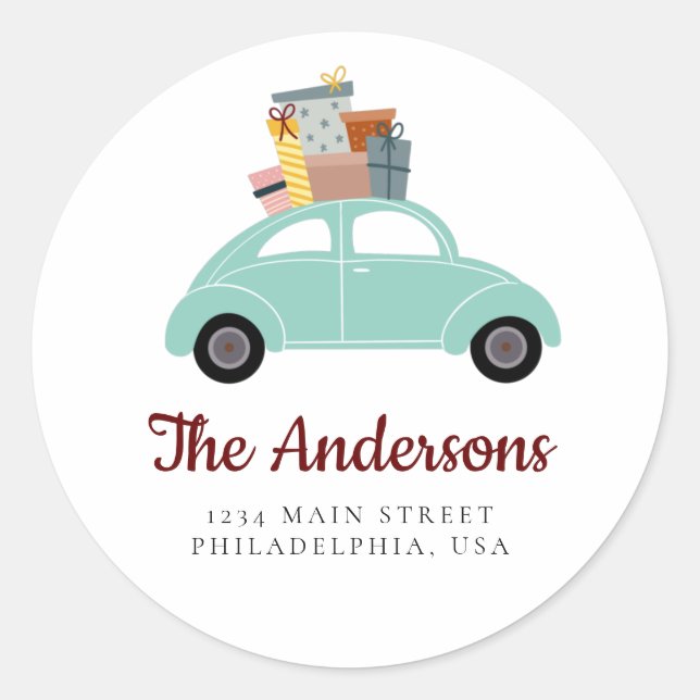 Sticker Rond Cyan Holiday Car avec pile de cadeaux Adresse (Devant)