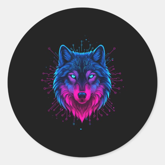 Sticker Rond Cyber Wolf For Animal Lovers And Birthday And Birt (Devant)