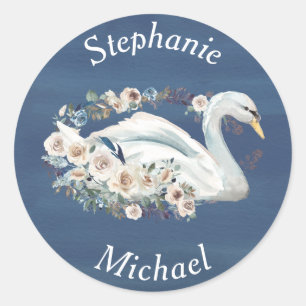 Sticker Rond Cygne floral blanc sur Mariage bleu