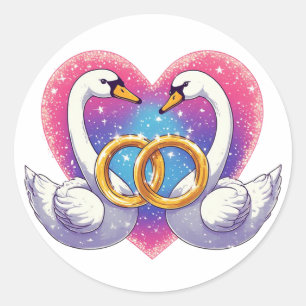 Sticker Rond Cygnes romantiques avec forme de cœur, alliances
