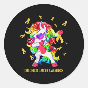 Sticker Rond Dabbing unicorne or ruban de l'enfance cancer cons