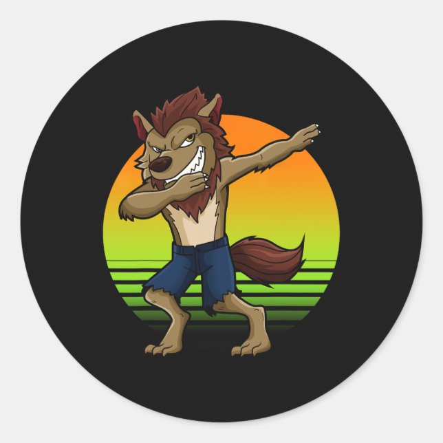 Sticker Rond Dabbing Werewolf Retro Sunset Halloween Garçons En (Devant)
