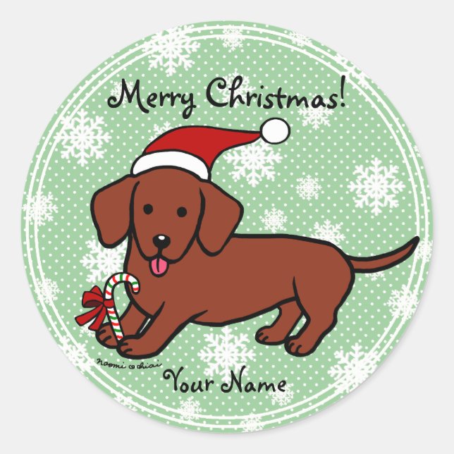 Sticker Rond Dachshund Cartoon de Noël Snowflakes (Devant)